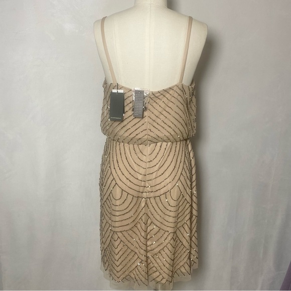 Adrianna Papell Nude Sheer Art Deco Beaded Mesh Blouson Mini Dress size 12 Large - Picture 4 of 8